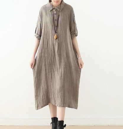 Wrinkled  Linen Loose Long Buttons Dresses Plus Size AMT962328 VPPBUY shop