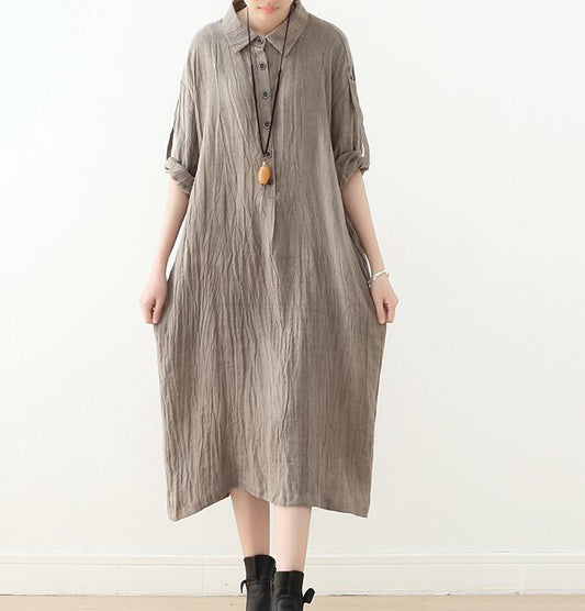 Wrinkled  Linen Loose Long Buttons Dresses Plus Size AMT962328 VPPBUY shop