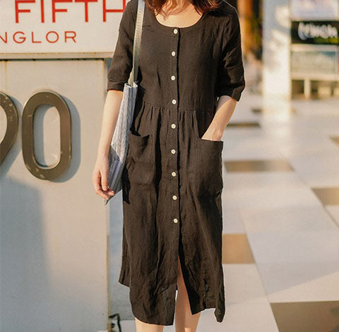 Black Shirts Linen Dress Buttons Midi Dresses CH90413 VPPBUY shop