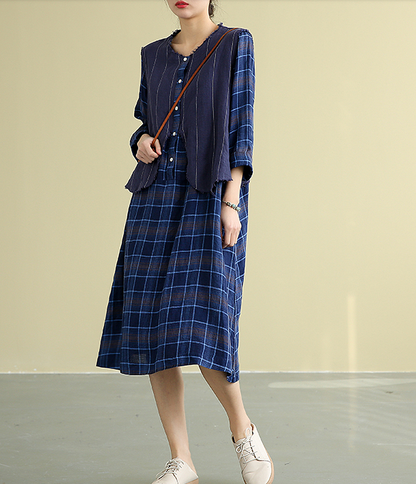 Plaid Summer  Spring 100%  Linen  Women loose Dresses DZA05195 VPPBUY shop