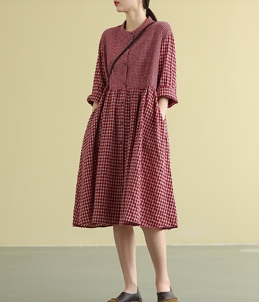 Plaid Summer  Spring Cotton Linen Women loose Dresses DZA05192 VPPBUY shop