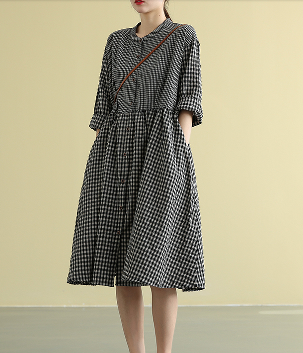 Plaid Summer  Spring Cotton Linen Women loose Dresses DZA05192 VPPBUY shop