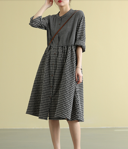 Plaid Summer  Spring Cotton Linen Women loose Dresses DZA05192 VPPBUY shop