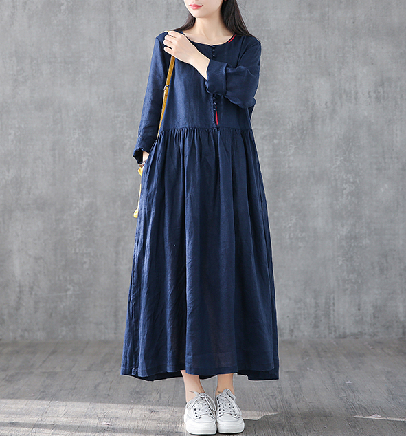 O Neck Long Sleeve Summer Spring Linen Women loose Dresses DZA05251 VPPBUY shop