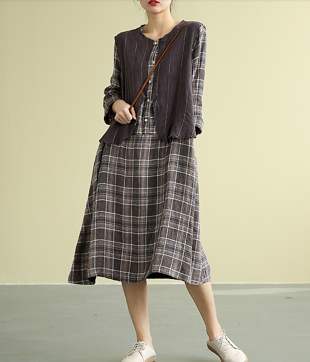 Plaid Summer  Spring 100%  Linen  Women loose Dresses DZA05195 VPPBUY shop