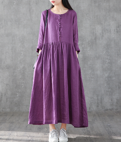 O Neck Long Sleeve Summer Spring Linen Women loose Dresses DZA05251 VPPBUY shop