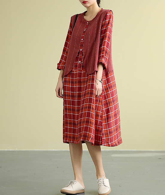 Plaid Summer  Spring 100%  Linen  Women loose Dresses DZA05195 VPPBUY shop