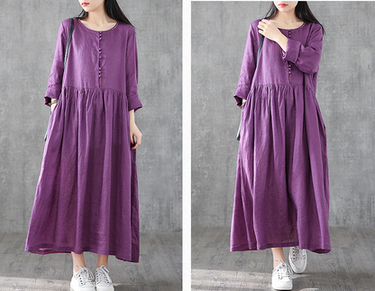 O Neck Long Sleeve Summer Spring Linen Women loose Dresses DZA05251 VPPBUY shop