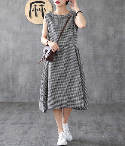 Plaid Long Sleeve Summer Spring Cotton Linen Women Dresses DZA20693 VPPBUY shop