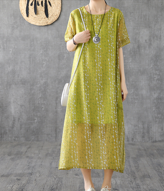 Short Sleeve Floral Print Summer Spring Cotton Linen Women Dresses DZA20668 VPPBUY shop