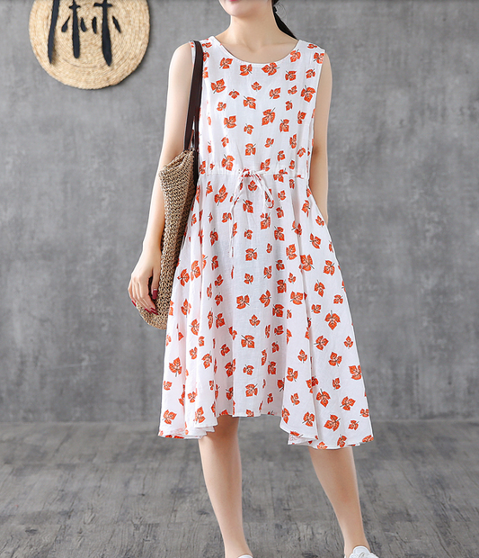 Red Floral Short Sleeve Summer Spring Linen Women Dresses DZA20665 VPPBUY shop