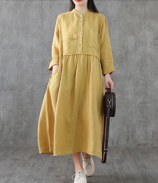 Long Sleeve Summer Spring Cotton Linen Women loose Dresses DZA2061 VPPBUY shop