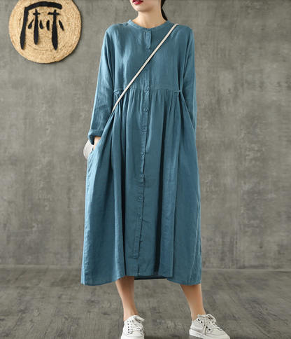 O Neck Long Sleeve Summer Spring Linen Women loose Dresses DZA20643 VPPBUY shop