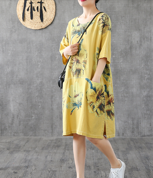 Side Slit Floral Short Sleeve Print Floral Summer Spring Cotton Linen Women Dresses DZA20664 VPPBUY shop