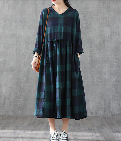 Plaid Summer Spring Dresses Cotton Linen Women loose Style V Neck   DZA05244 VPPBUY shop