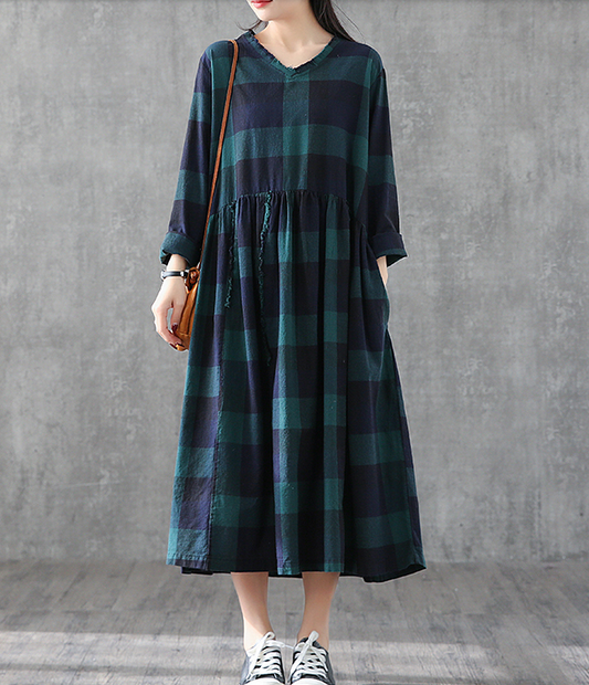 Plaid Summer Spring Dresses Cotton Linen Women loose Style V Neck   DZA05244 VPPBUY shop