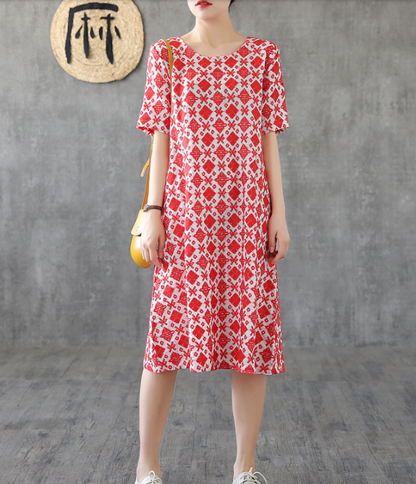 Red Floral Short Sleeve Summer Spring Cotton Linen Women Dresses DZA20671 VPPBUY shop