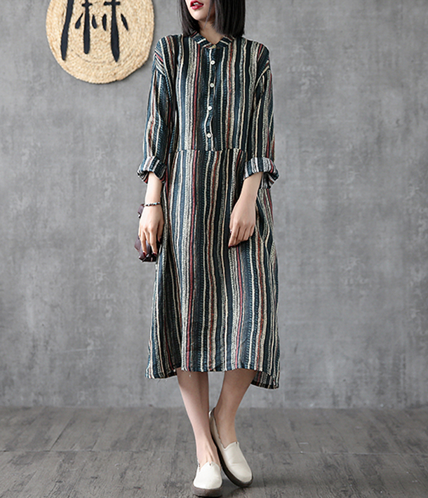 Striped Long Sleeve Summer Spring Linen Women Dresses DZA20681 VPPBUY shop