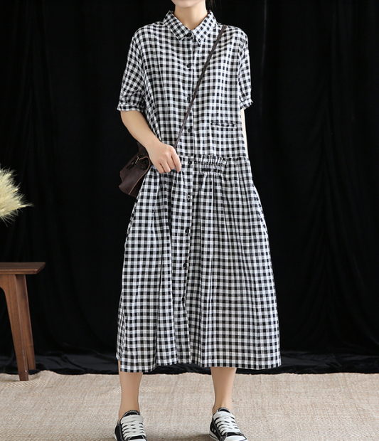 Checked Summer Spring Cotton Linen Women Dresses DZA20674 VPPBUY shop