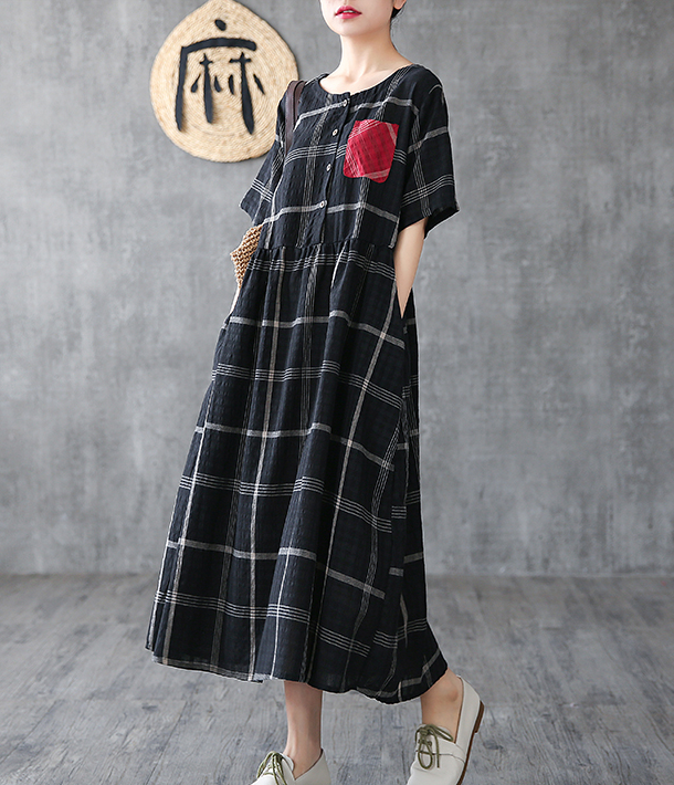 Plaid Long Sleeve Summer Spring Cotton Linen Women Dresses DZA206102 VPPBUY shop