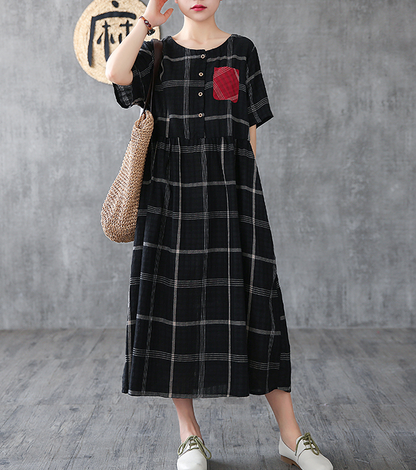 Plaid Long Sleeve Summer Spring Cotton Linen Women Dresses DZA206102 VPPBUY shop