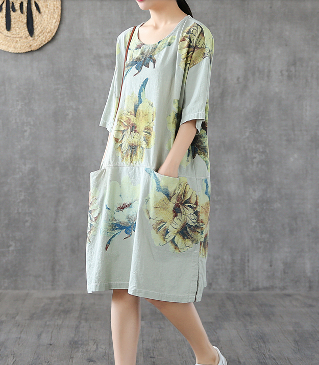 Side Slit Floral Short Sleeve Print Floral Summer Spring Cotton Linen Women Dresses DZA20664 VPPBUY shop