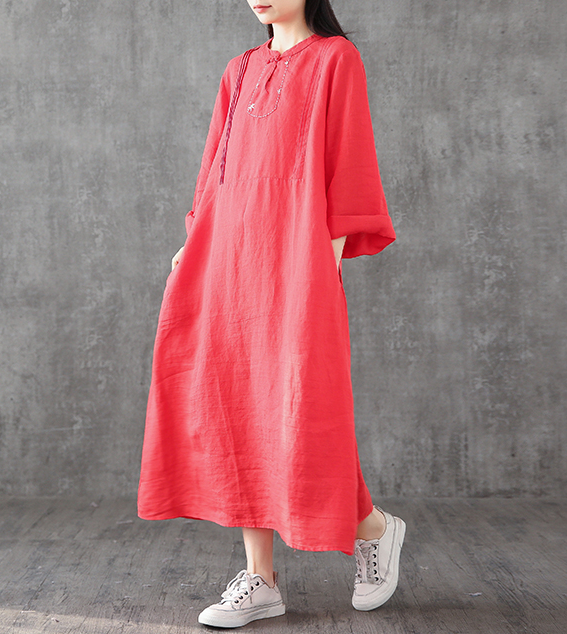 Long Sleeve Summer Spring Cotton Linen Women loose Dresses DZA2062 VPPBUY shop