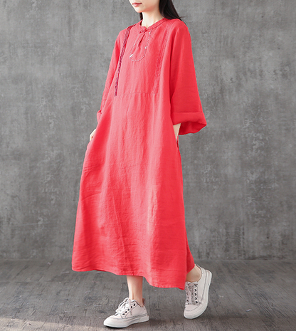 Long Sleeve Summer Spring Cotton Linen Women loose Dresses DZA2062 VPPBUY shop