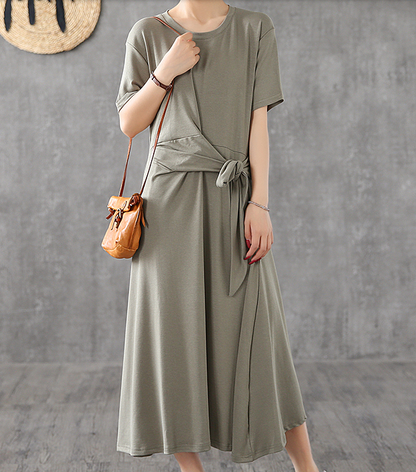 Knot Short Sleeve Summer Spring Cotton Women loose Dresses DZA20662 VPPBUY shop