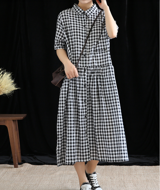 Checked Summer Spring Cotton Linen Women Dresses DZA20674 VPPBUY shop