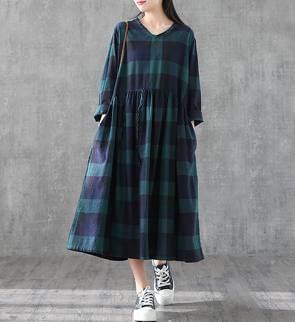 Plaid Summer Spring Dresses Cotton Linen Women loose Style V Neck   DZA05244 VPPBUY shop