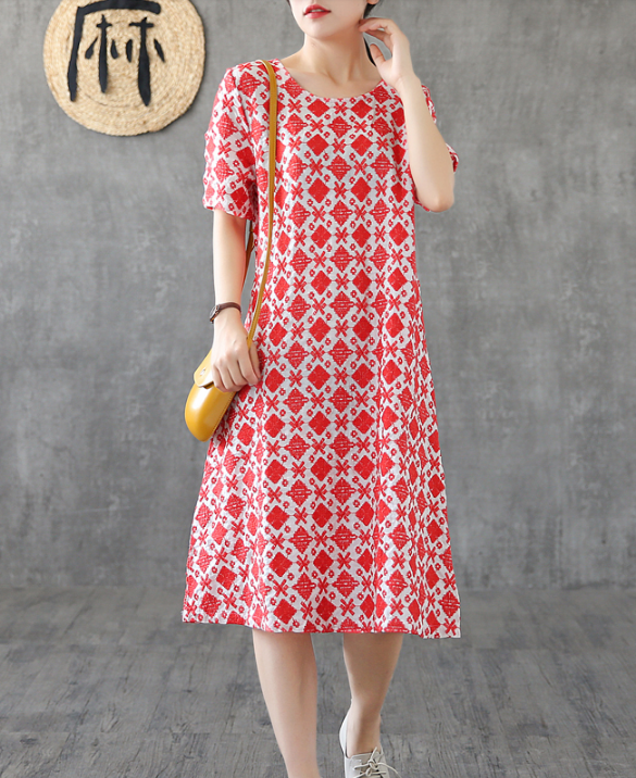 Red Floral Short Sleeve Summer Spring Cotton Linen Women Dresses DZA20671 VPPBUY shop