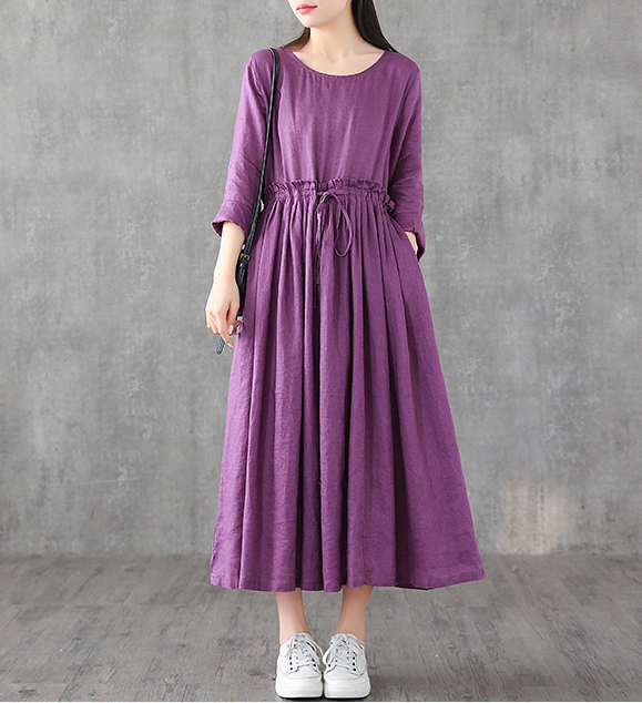 O Neck Long Sleeve Summer Spring Linen Women loose Dresses DZA05241 VPPBUY shop