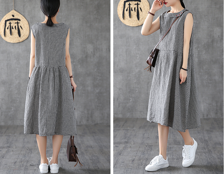 Plaid Long Sleeve Summer Spring Cotton Linen Women Dresses DZA20693 VPPBUY shop