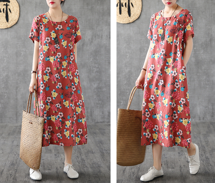 Floral Long Sleeve Summer Spring Linen Women loose Dresses DZA20663 VPPBUY shop