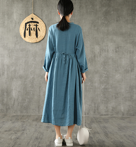 O Neck Long Sleeve Summer Spring Linen Women loose Dresses DZA20643 VPPBUY shop