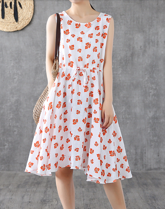 Red Floral Short Sleeve Summer Spring Linen Women Dresses DZA20665 VPPBUY shop