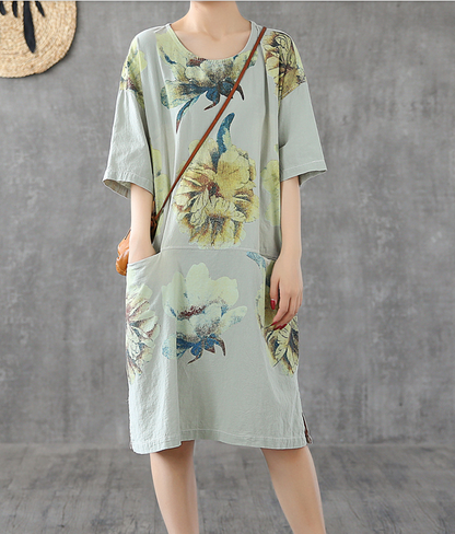 Side Slit Floral Short Sleeve Print Floral Summer Spring Cotton Linen Women Dresses DZA20664 VPPBUY shop