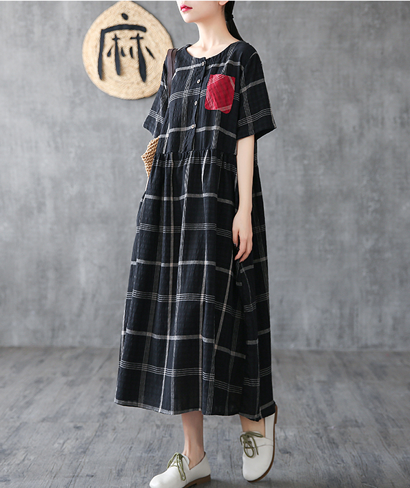 Plaid Long Sleeve Summer Spring Cotton Linen Women Dresses DZA206102 VPPBUY shop