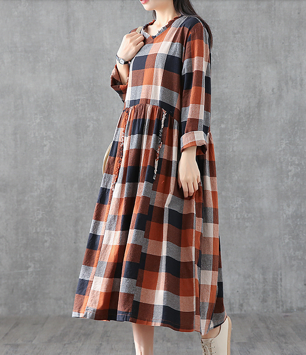 Plaid Summer Spring Dresses Cotton Linen Women loose Style V Neck   DZA05244 VPPBUY shop