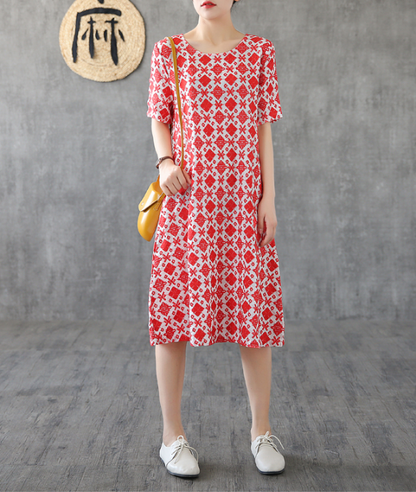 Red Floral Short Sleeve Summer Spring Cotton Linen Women Dresses DZA20671 VPPBUY shop