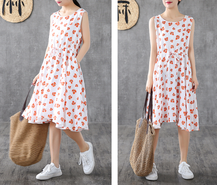 Red Floral Short Sleeve Summer Spring Linen Women Dresses DZA20665 VPPBUY shop