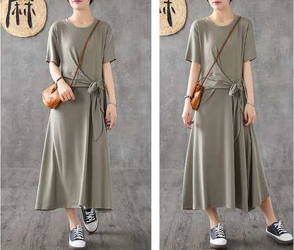 Knot Short Sleeve Summer Spring Cotton Women loose Dresses DZA20662 VPPBUY shop