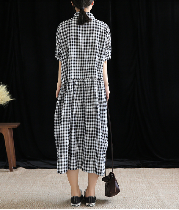 Checked Summer Spring Cotton Linen Women Dresses DZA20674 VPPBUY shop