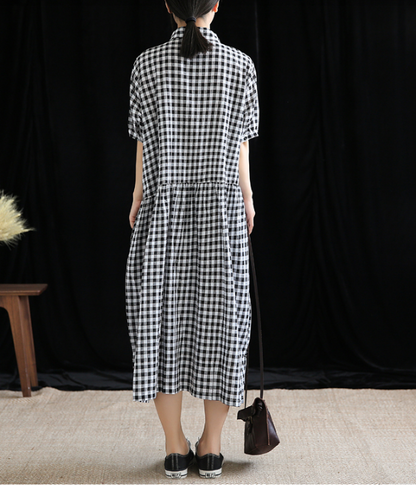 Checked Summer Spring Cotton Linen Women Dresses DZA20674 VPPBUY shop