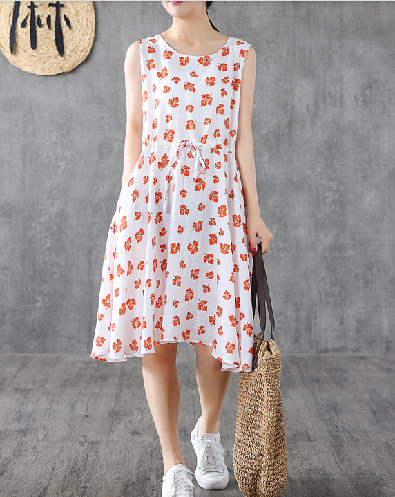 Red Floral Short Sleeve Summer Spring Linen Women Dresses DZA20665 VPPBUY shop