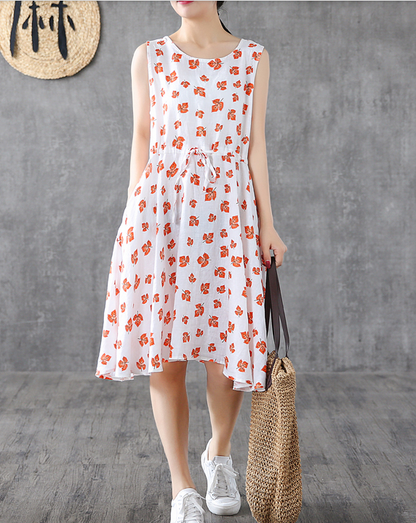 Red Floral Short Sleeve Summer Spring Linen Women Dresses DZA20665 VPPBUY shop