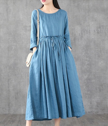 O Neck Long Sleeve Summer Spring Linen Women loose Dresses DZA05241 VPPBUY shop