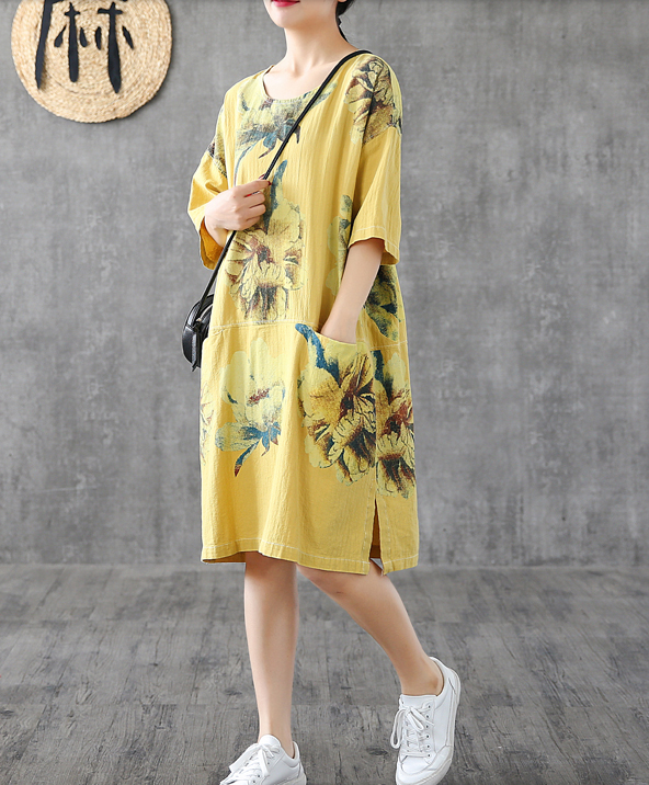 Side Slit Floral Short Sleeve Print Floral Summer Spring Cotton Linen Women Dresses DZA20664 VPPBUY shop