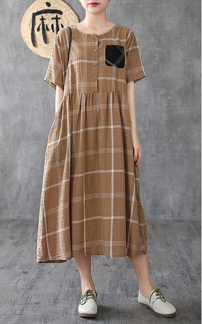 Plaid Long Sleeve Summer Spring Cotton Linen Women Dresses DZA206102 VPPBUY shop